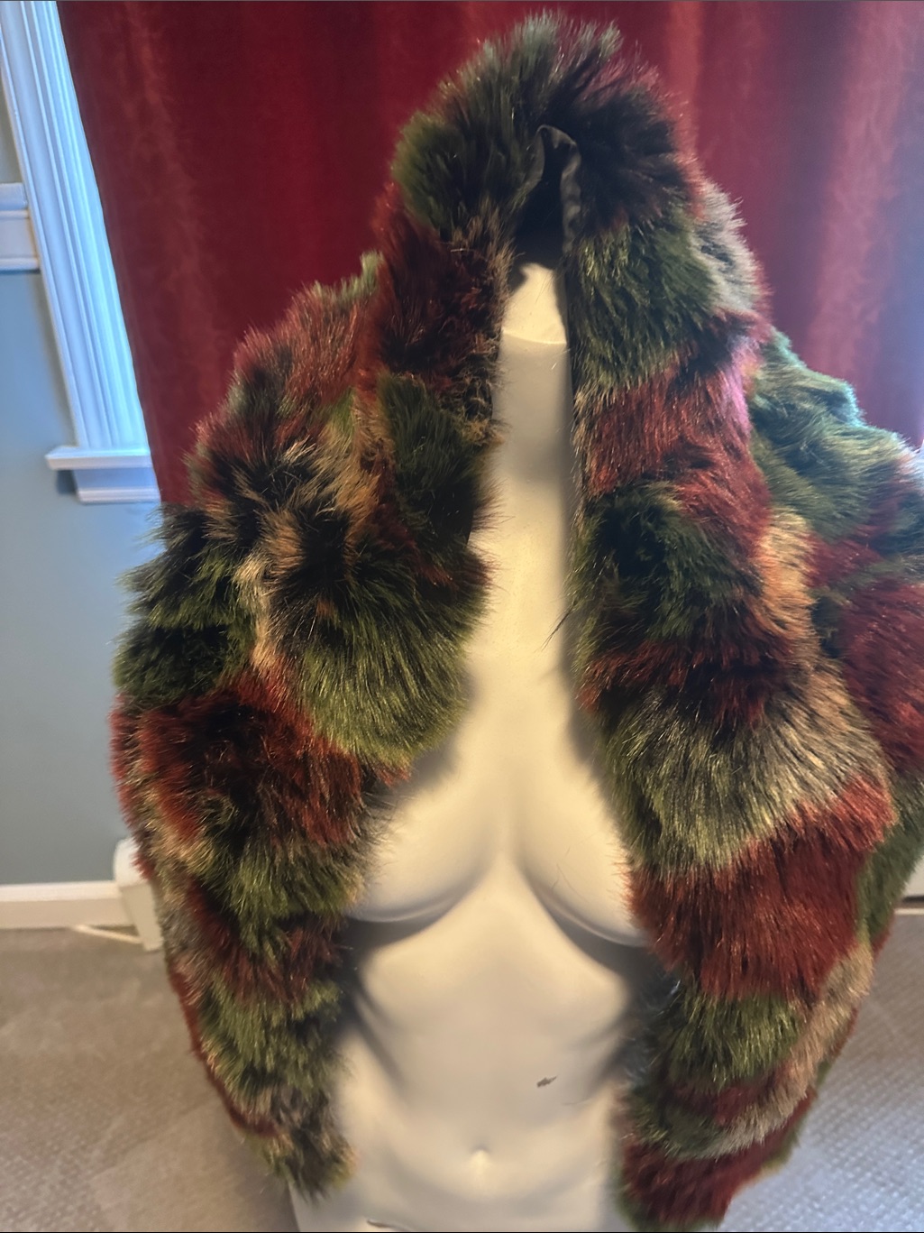 Luxury Multicolor Faux Fur Scarf - Olive, Gold & Burgundy